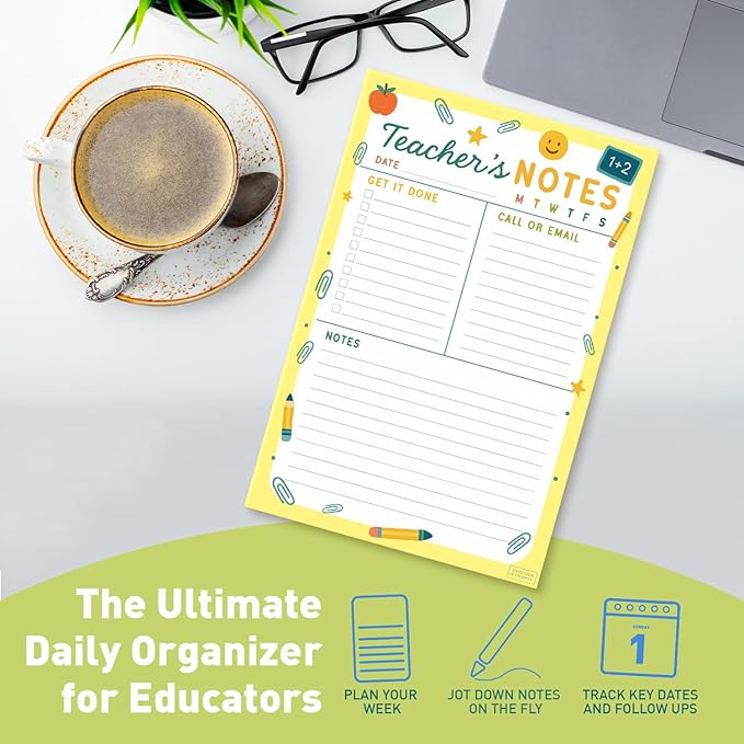 Sweetzer & Orange Teacher Planner Pad – Weekly Undated Lesson Planner for Teachers – 60 Tear-Off Sheets – 9” x 6” Compact Desk Notepad with Notes and Contact Section – Bright Yellow Border