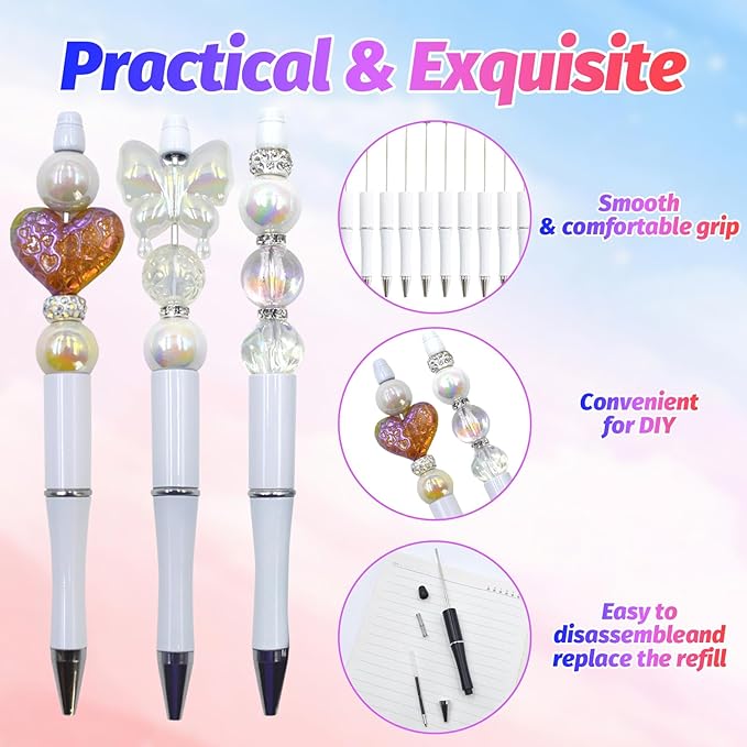 150 Pieces DIY Beadable Pen Kit – 50 Plastic Ballpoint Pens with Refills & Bags – School Supplies, Office Accessories & Decorative Items for Students & Teachers （White）