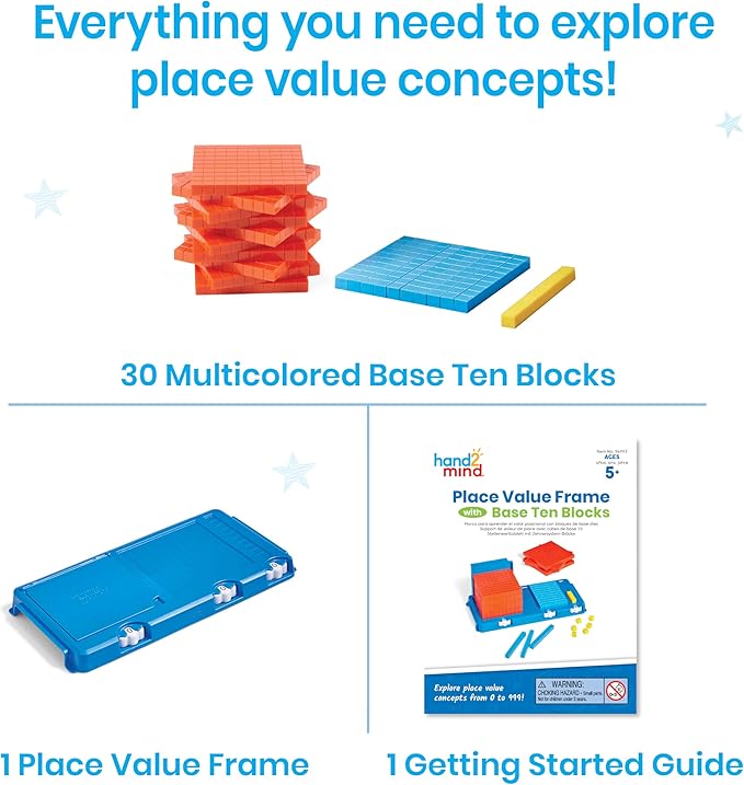 hand2mind Place Value Frame with Base Ten Blocks, Math Manipulatives Kindergarten, Montessori Math Materials, Counting Cubes, Classroom Supplies for Teacher Elementary