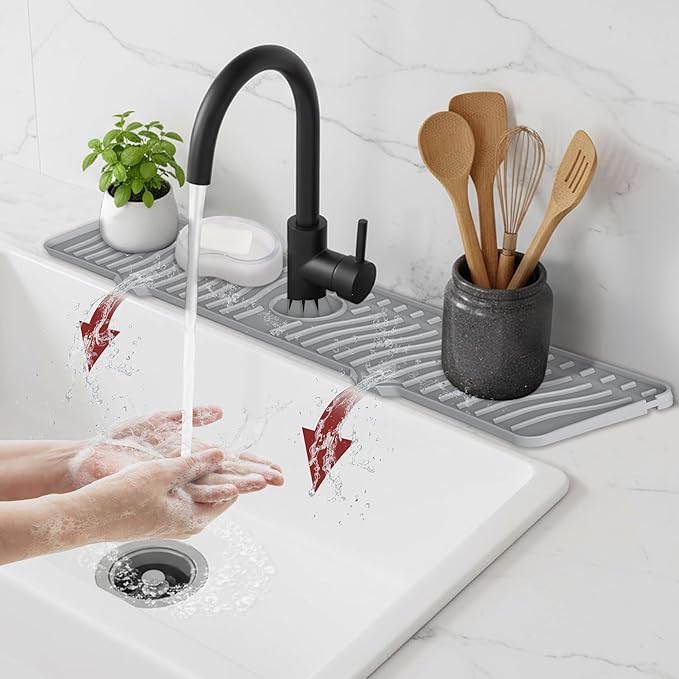 ODRAGO Silicone Kitchen Sink Splash Guard - 24.01 Inch Faucet Mat for Kitchen Sink Water - Longer Faucet Handle Drip Catcher Tray-Sink Guard for Kitchen Sink (Grey)
