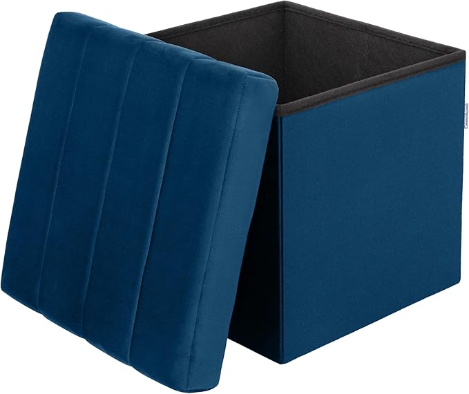 Seville Classics Cushioned Fabric Ottoman Hidden Storage Chest Footrest Chair, Padded Seat for Bedroom, Dorm, Loft, Living Room, Entryway, Hallway, Blue Velvet, 15.7" Cube