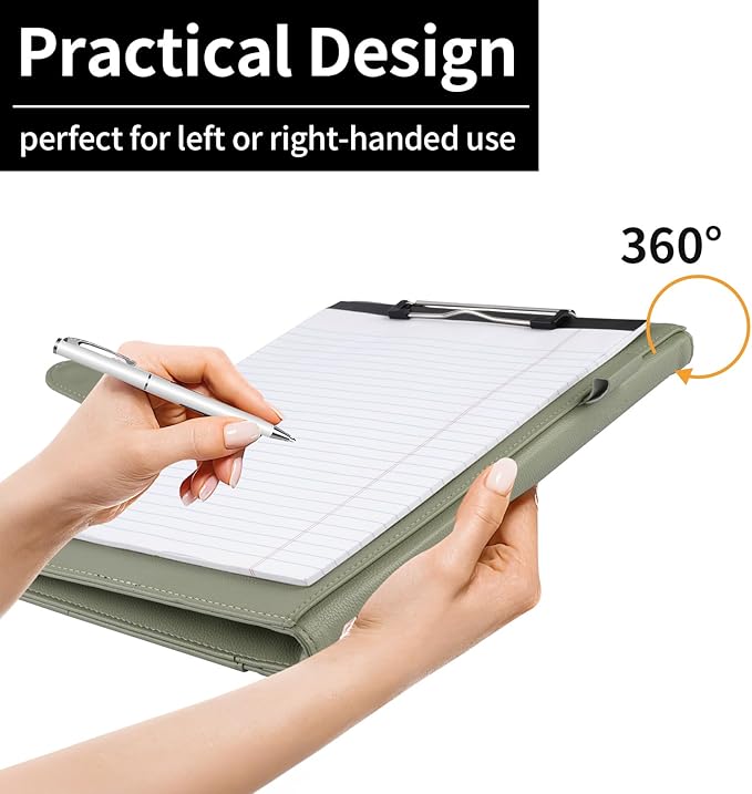 Professional Padfolio with Clipboard, Faux Leather Portfolio Folder Binder, Legal Pad Holder for A4 Letter Size Notepad, Resume, Writing, Ideal Organizer for Business Office Conference (Sage Green)