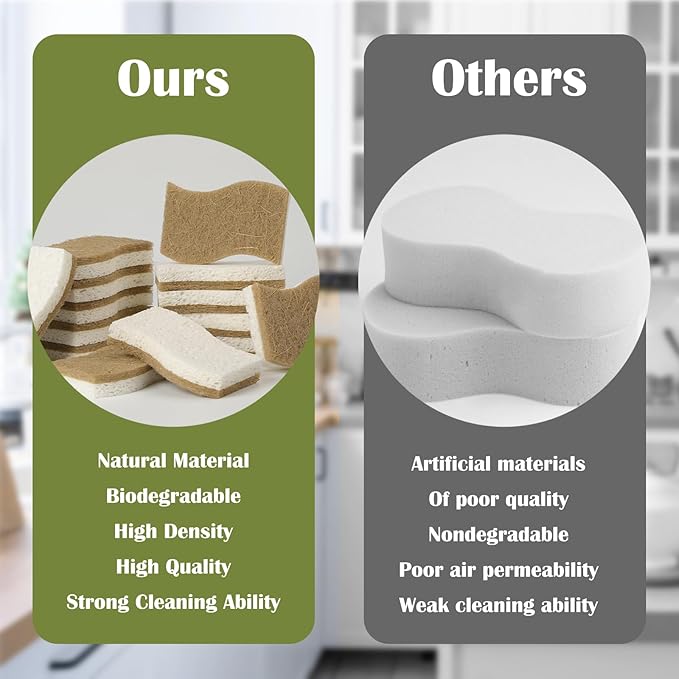 14Pack Natural Kitchen Sponge, Eco-Friendly Dish Sponge for Kitchen - Biodegradable Cellulose and Coconut Scrubber - Household Cleaning Sponge for Dishes, White