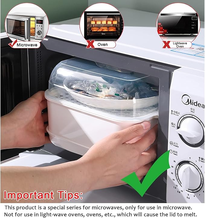 Microwave Steamer with Lid and Tray, Vegetables Steamer for Microwave Bowl, Microwavable Cookware Supplies (2 - Layer)