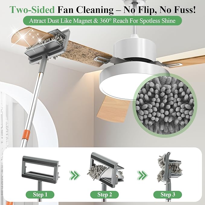 Ceiling Fan Cleaner Duster - 79" Extension Pole & Dual Brush Heads Baseboard Cleaner Tool with Handle, 4-in-1 Reusable Fan Blade Cleaner Ceiling Fan Duster for Fan Blades Baseboards Corners