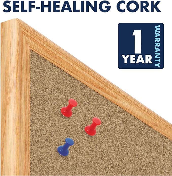 Mead Corkboard, 3' x 2' Bulletin Board, Oak Finish Frame Cork Board (85366)
