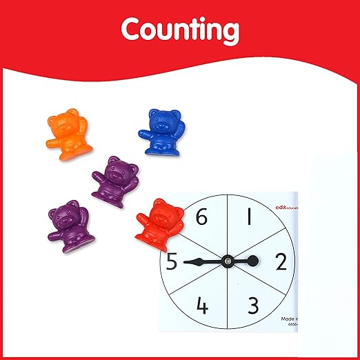 edxeducation Counting Bears with Matching Bowls | 60 Counters, 6 Bowls, 2 Spinners | Color Sorting Sensory Toys | Early Math Manipulatives