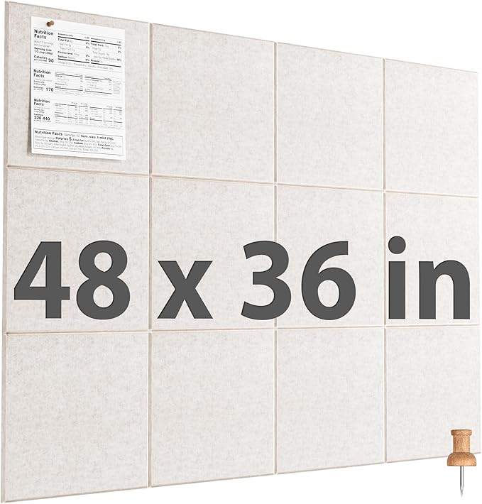 MaxGear Large Cork Board for Wall 48" x 36" Light Tan Bulletin Board, 12 Pack Felt Wall Tiles with Pushpins, Cork Boards for Office Pin Board Tack Board for Photo Meno Decor
