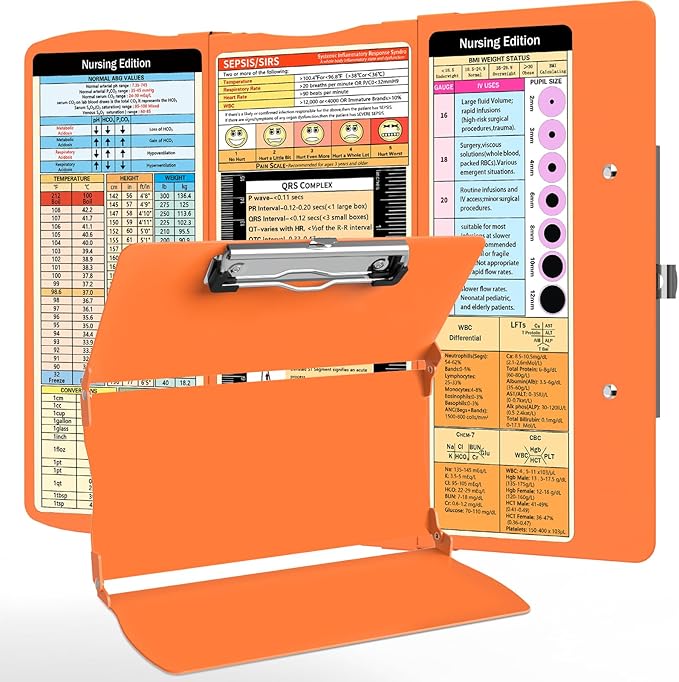 Nursing Clipboard Foldable Nurse Clipboard: Folding Clipboards with Nursing Edition Cheat Sheets Pocket Size Trifold Foldable Clip Board for Nurses School Students Orange