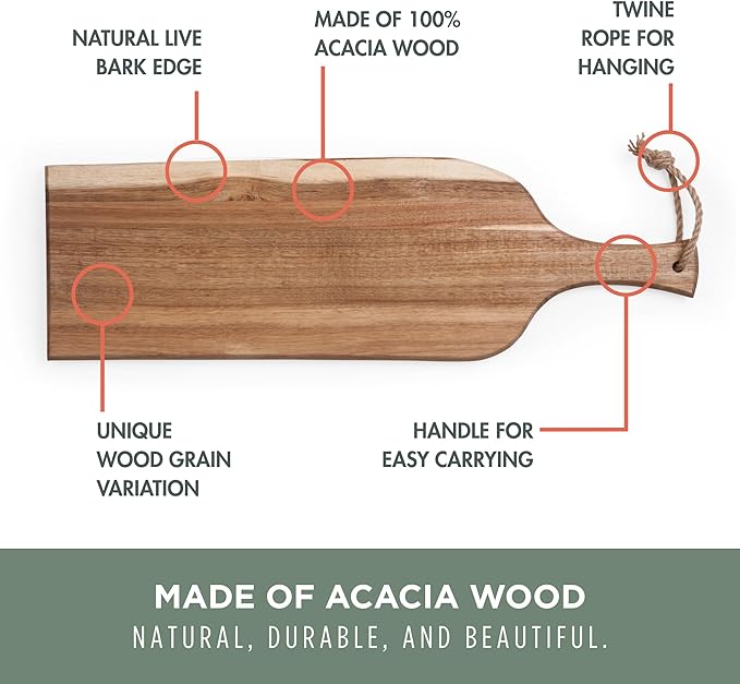 PICNIC TIME Artisan 24" Acacia Charcuterie Board with Raw Wood Edge, Wooden Cutting Board with Handle, All-Purpose Serving Platter, Decorative and Reversible Serving Plank (Acacia Wood)