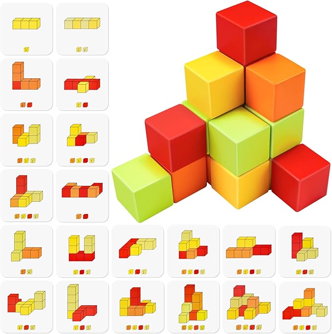 Wooden Cube Toy 16PCS Building Blocks for Kids 40 Pattern Cards and Storage Pouch, 4 Colors 3D Space Stacking Game STEM Educational Preschool Learning Sensory Toy Counting Math Color Cognition