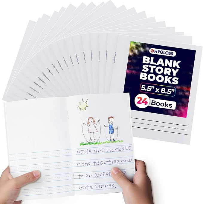 Hygloss Half Blank Books for Kids to Write Stories and Illustrate – Bulk 24 Pack – 5.5" x 8.5" A5 – Small Primary Journal for Grades K-2, Preschool/Kindergarten Notebook with Picture Space – 24 Pages