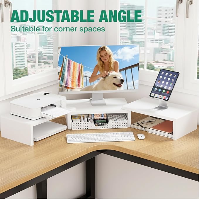 OPNICE Desk Organizer, Dual Computer Monitor Stand Riser with Drawer, Office Desk Accessories & Workspace Organizers, White