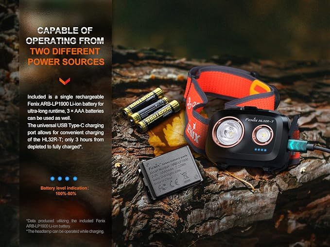Fenix HL32R-T Trail Running Headlamp, 800 Lumen USB-C Rechargeable Lightweight Bright with Spotlight and FloodLight Dual Beam and a Cable Organizer (Black)