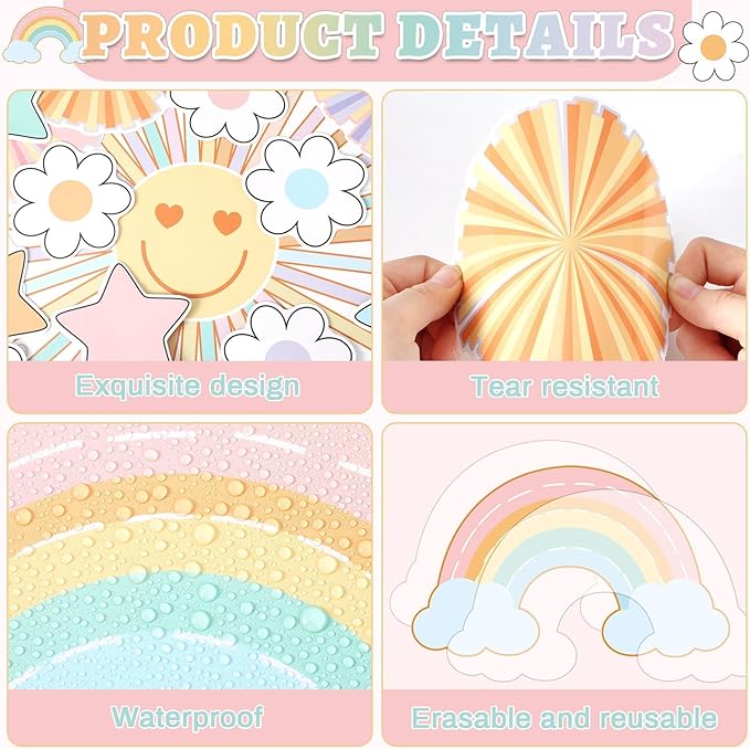 Boho Shine Bright Bulletin Board Set Summer Pastel Sun Classroom Decorations Colorful Rainbow Flowers Paper Cutouts for Teacher Supplies Back to School Nursery Chalkboard Home Office Wall Door Decor