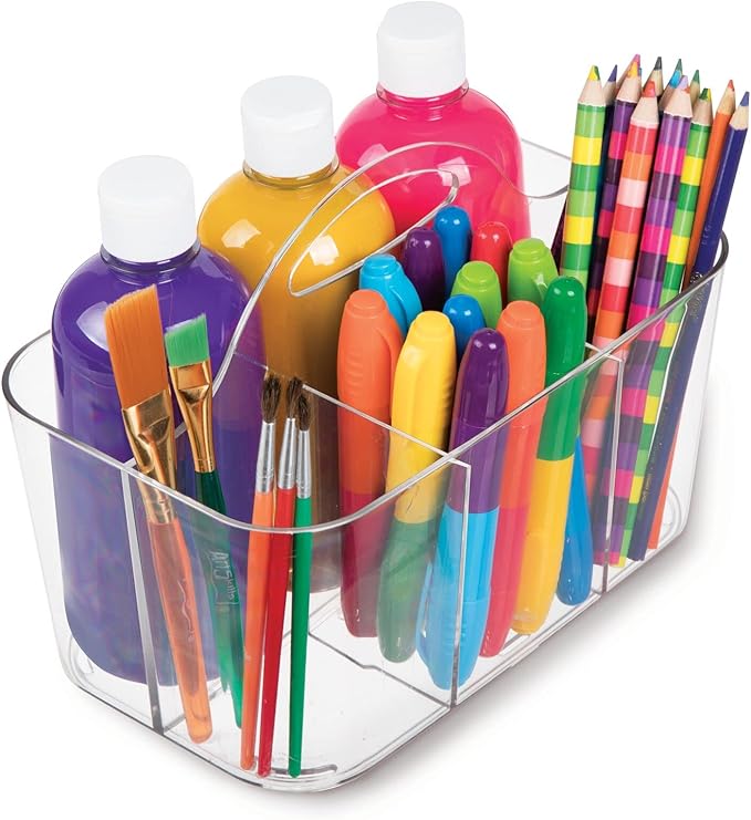 mDesign Plastic Portable Craft Storage Organizer Caddy Tote, Divided Basket Bin w/Handle - Craft, Sewing, Art Supplies - Holds Brushes, Colored Pencils - Lumiere Collection - Clear, 2 Pack