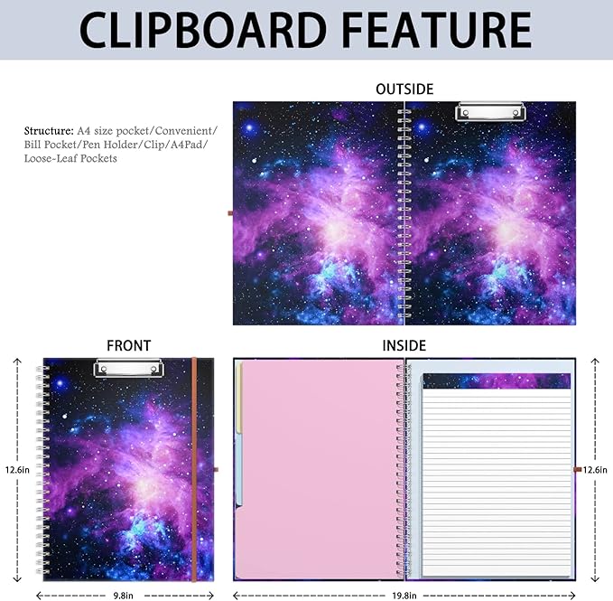 Rimilak Spiral Clipboard Folio with Refillable Lined Notepad, 14.5 x 9.8 In, Hardcover Cover with 5 Interior Pockets, Elastic Band and Pen Loop Series. Cute Stylish Clipfolio, Galaxy