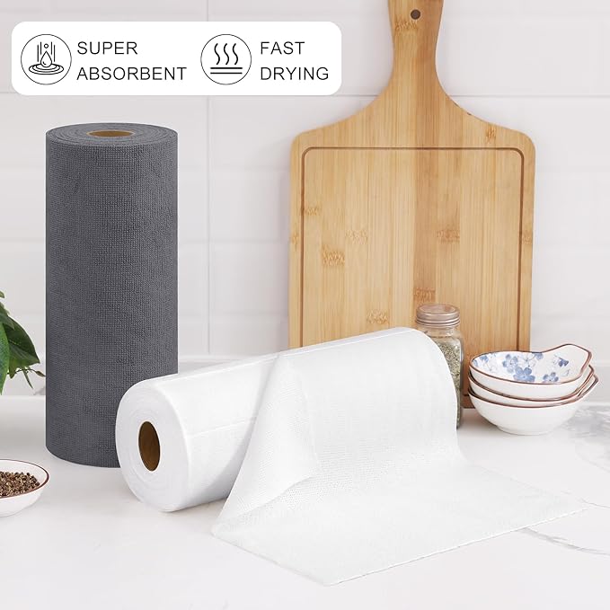 Homaxy Tear Away Dish Cloths Rolls, 40 Sheets-11.8" X 11.8", Reusable Washable Dish Towels for Kitchen, Ultra Absorbent and Quick Drying Microfiber Cleaning Rags, White