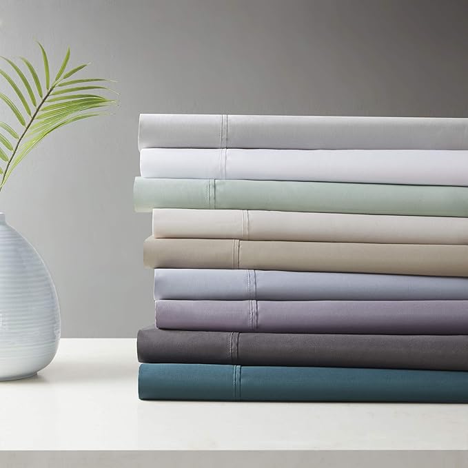 Madison Park 600 TC Cooling Cotton Blend Solid Sheet 16 Inch Deep Pocket, All Season, Soft Bedding-Set, Matching Pillow Case, King, Seafoam 4 Piece.