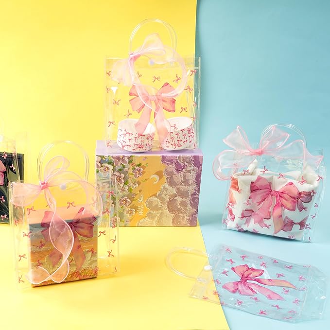 H1vojoxo Pink Bow Gift Bags - 24PCS Clear PVC Gift Bags with Handles DIY Ribbon Coquette Bow knot Reusable Transparent Tote Bag for Girls Birthday Baby Shower Weeding Bridal Engagement Party