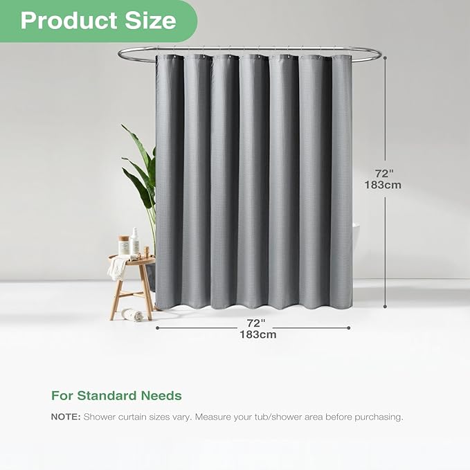 Dynamene Grey Fabric Shower Curtain for Bathroom - Waffle Weave Textured Heavy Duty , 256GSM Hotel Luxury Weighted Cloth Bath Curtain Set with 12 Plastic Hooks,72x72, Grey/Gray