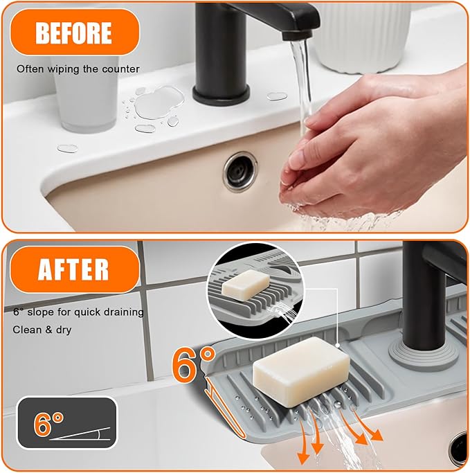 17.7" Gray Silicone Faucet Mat with Button Style Design – Longer Drip Catcher Tray & Sink Splash Guard, 6° Slope Behind Faucet Mat | Easy Kitchen & Bathroom Sink Protector
