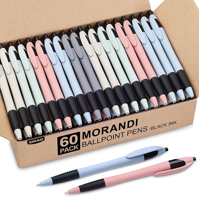 Pens Bulk, 60 Pack Morandi Gripped Slimster Ballpoint Pens Black Ink 1.0mm Medium Point Smooth Writing, Click Pens with Comfort Grip for Teachers, Students, Servers, School & Office Gifting