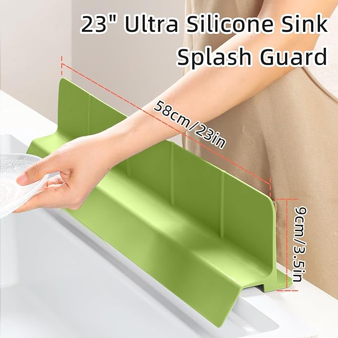 23" Ultra Silicone Sink Splash Guard Released in 2025/Dec for Kitchen Sink,Bathroom and Island,with 3.5" High Splash Guard & 7 Strong Suction Cup (Matcha Green)