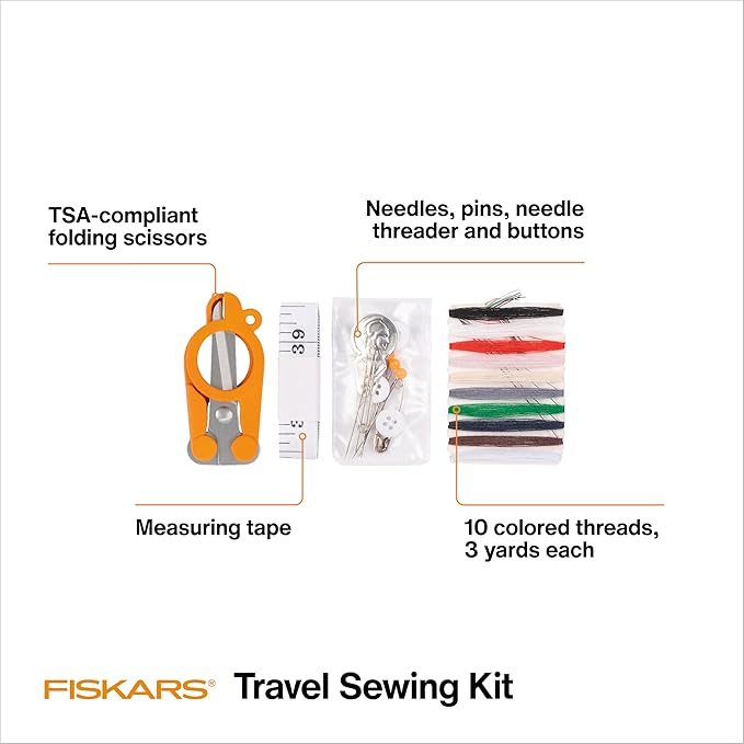 Fiskars Sewing Kit, Gifts for Mom, 27-Piece Travel Sewing Set with Case, Orange
