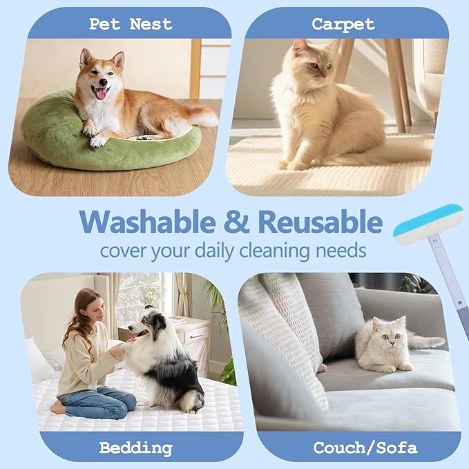 Pet Hair Remover, 4 in 1 Multifunctional Pet Hair Removal Tool for Dog and Cat, Resuable Long Handle Fur Remover with Dual-Sided Cleaning Brush, Washable Fur Brush for Furniture,Couch,Carpet,Clothes