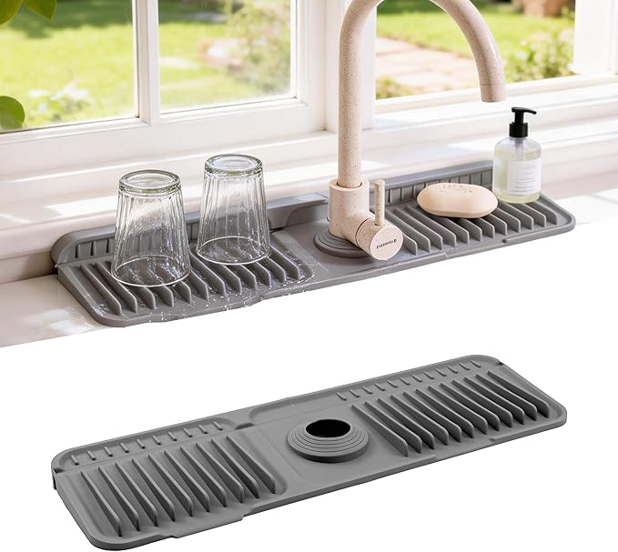 Faucet Mat for Kitchen Sink, 17.7"X5.5" Silicone Sink Splash Guard with Soap Holder, Snap-On Design & 7°slope Fast Drain, Folding Sink Faucet Mat for Universal Kitchen Bathroom Sink（Grey）