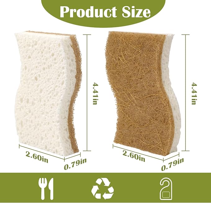 14Pack Natural Kitchen Sponge, Eco-Friendly Dish Sponge for Kitchen - Biodegradable Cellulose and Coconut Scrubber - Household Cleaning Sponge for Dishes, White