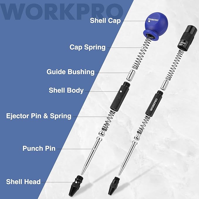 WORKPRO 2PCS Automatic Center Punch with an Extra Replacement Tip, Adjustable Spring Loaded Center Punch, Metal Punch Tool, Center Hole Punch for Wood, Metal, Plastic