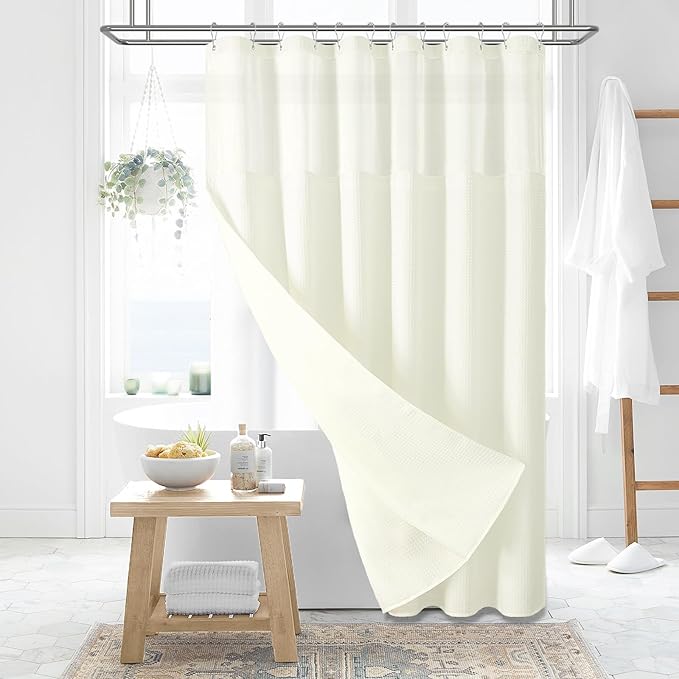 Dynamene Extra Long Shower Curtain, 84 Inch Long Waffle Fabric Shower Curtain for Bathroom, Tall Waterproof Cloth Shower Curtain Liner Set with Hook, Snap in Liner, Mesh Top Window, Cream, 72x84