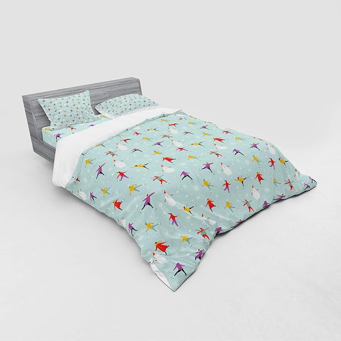 Ambesonne Ice Skates Bedding Set, Colorful Merry Christmas Theme with Human and Snowflakes Pattern, 4 Piece Duvet Cover Set with Shams and Fitted Sheet, Queen Size, Pale Seafoam Multicolor