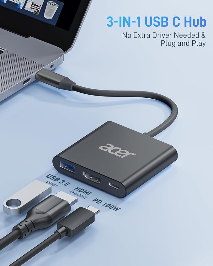 Acer USB C to HDMI Adapter, 4K USB C Hub with 100W PD, USBA 3.0 Port, HDMI to USBC Multiport Digital AV Converter for MacBook Pro/Air, iPad, Tablets, TV, Monitor and More (Black)