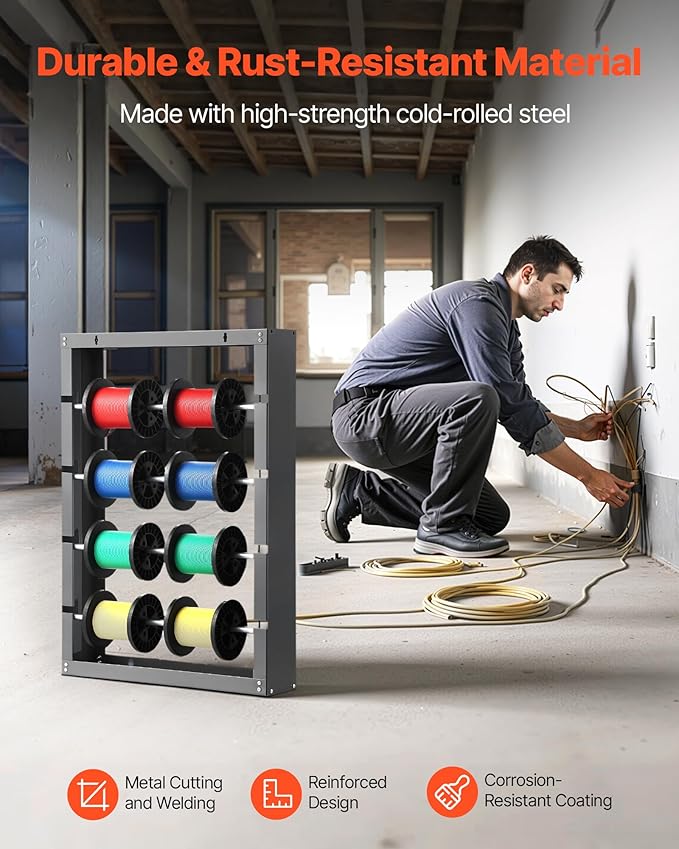 VEVOR Wire Spool Rack, 4 Adjustable Rods, Cold-Rolled Steel Wire Spool Holder Wall Mounted for Multi-Spools, Wiring Storage, 150 lbs Capacity Cable Dispenser, for Electrical Industrial Retail Use