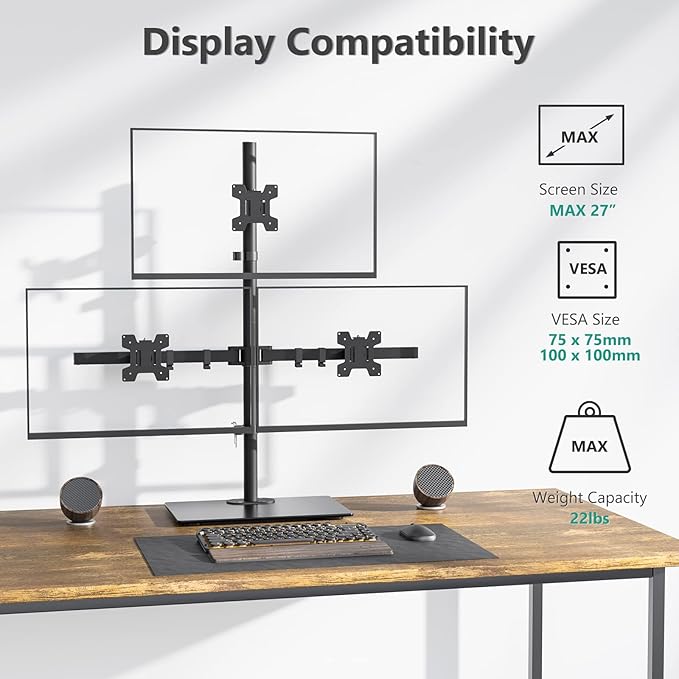 WALI Triple Monitor Stand, Height Adjustable Free-Standing Monitor Desk Mount, fits 3 Computer Screens up to 27 Inch, Holds up to 22lbs per Arm (GMF003)