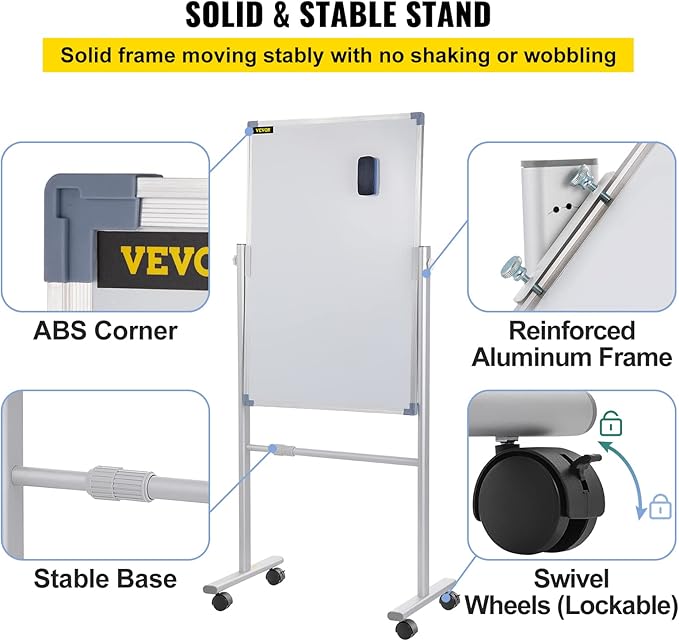 VEVOR Mobile Magnetic Whiteboard, 36 x 24 Inch, Double Sided, 360 Degree Reversible Rolling Dry Erase Board, Height Adjustable with Aluminum Frame and Lockable Swivel Wheels, for Office School Home