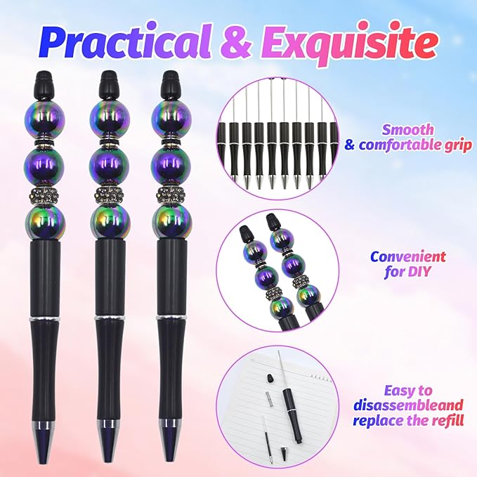 150 Pieces DIY Beadable Pen Kit – 50 Plastic Ballpoint Pens with Refills & Bags – School Supplies, Office Accessories & Decorative Items for Students & Teachers （Black）