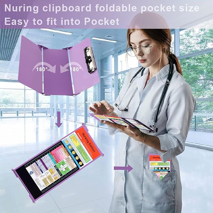 Foldable Nursing Clipboard with Storage - Portable & Compact Medical Clipboard for Nurses, Doctors, and Students - Includes Medical Reference Cheat Sheets and Pen Holder(Purple)