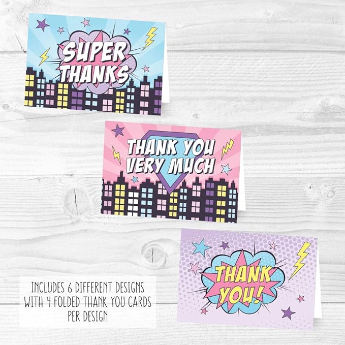 Hadley Designs 24 Superhero Thank You Cards With Envelopes - 4x6 Kids Thank You Cards Girls Birthday Bulk, Blank Baby Girl Super Hero Teacher Appreciation Notes, Superhero Party Supplies, Made In USA