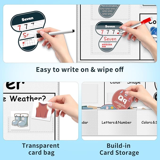 Circle Time Learning Center Pocket Chart for Classroom, Dry Erase Alphabet & Number Flash Cards, Write ABC Letter Tracing Writing Practice Games for Kids, Learning Weather Counting Color Shape