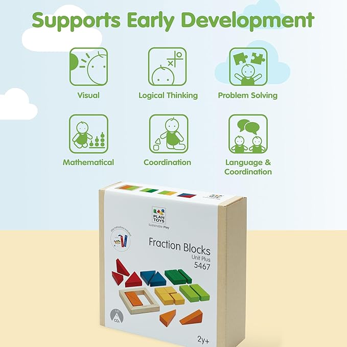 PlanToys® Fraction Blocks Wooden Montessori Early Math and Logic Toy | Fraction Learning, Shape Recognition and Sorting Activity | Eco Friendly Colourful Block Set