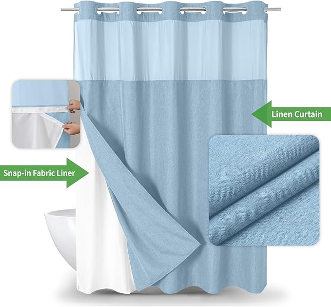 Extra Long No Hooks Needed Linen Textured Shower Curtain with Snap-in Fabric Liner Set,White Hotel Luxury Decor Shower Curtains for Bathroom,Waterproof & Washable,71Wx86H,Fog Blue