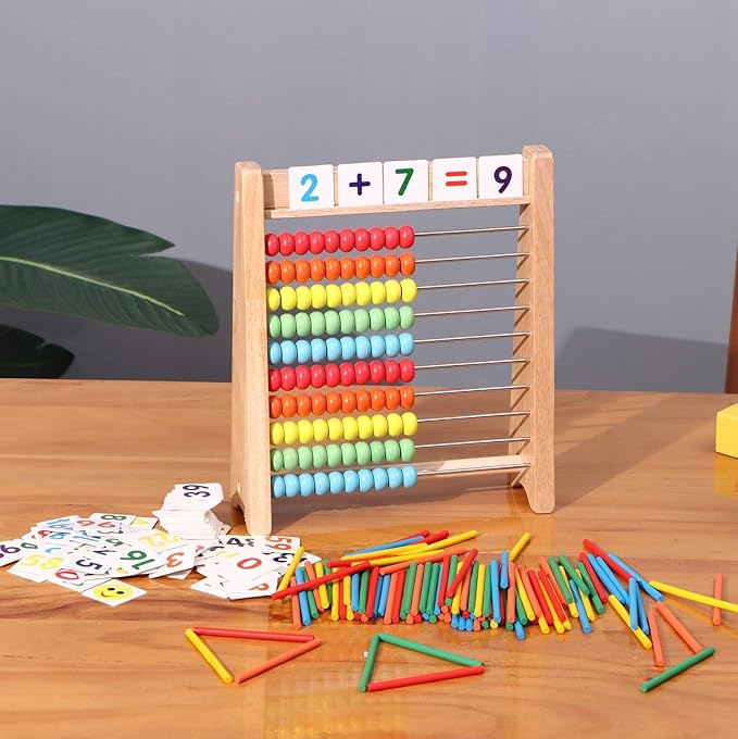 Wooden Abacus for Kids - 100 Counting Sticks and Number Toys Cards 1-100, Educational Math Games for Preschool and Elementary School 1st 2nd Grade