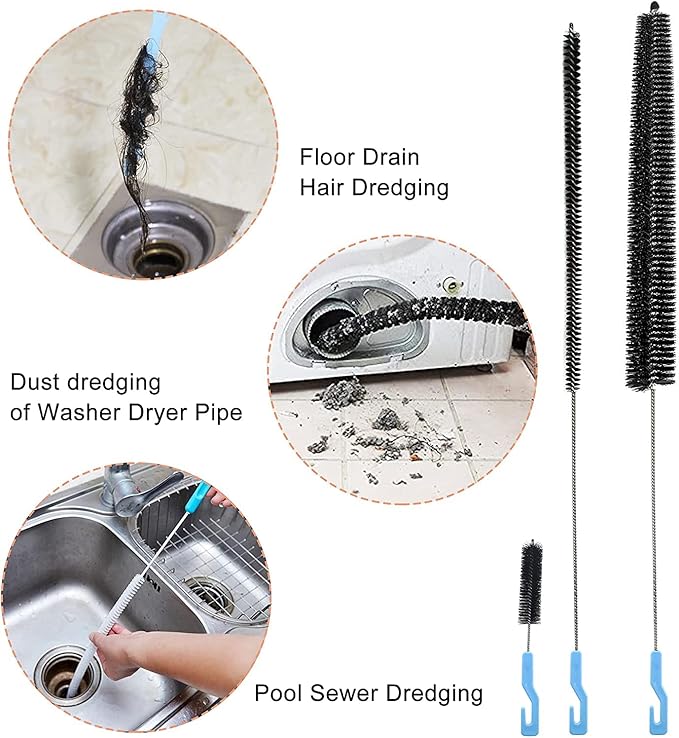 Dryer Lint Cleaner Kit, 3Pcs Nylon Bristle Brush, Flexible Stainless Steel Handle, for Cleaning Vent Trap & Refrigerator Coil