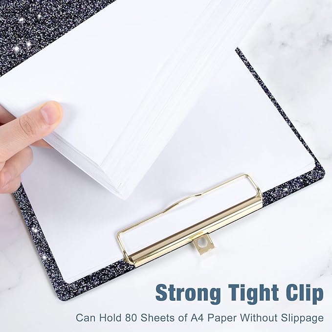 Piasoenc Acrylic Clipboards, Fashion Glitter Clip Board with Low Profile Gold Clip, Designed for Classroom School and Office Use, A4 Letter Size 9 x 12.5 in,Black