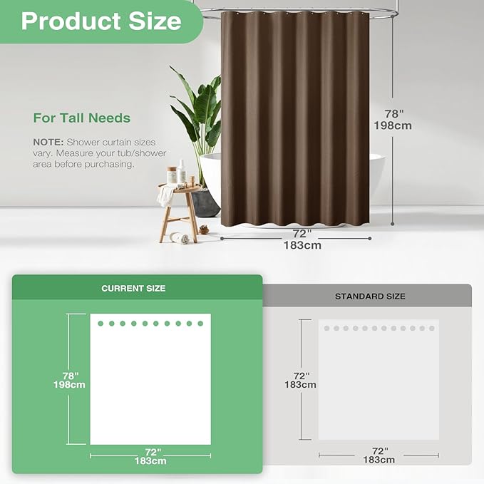 Dynamene Long Fabric Shower Curtain - 78 inch Long Waffle Weave Weighted Cloth Shower Curtains for Bathroom, Neutral Heavy Duty Hotel Spa Luxury Bath Curtain Set with 12 Plastic Hooks,72x78, Brown