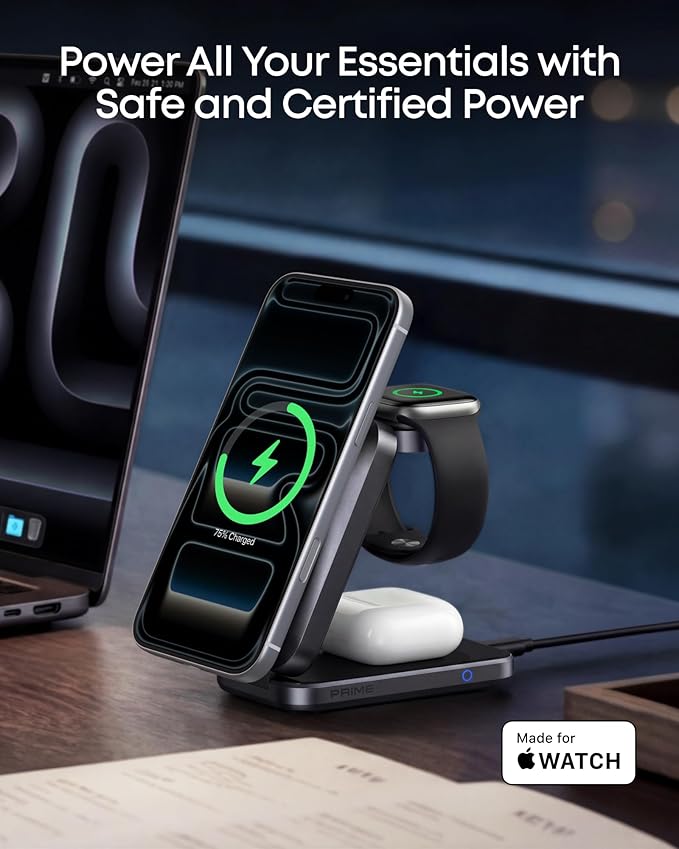 Anker Prime 3-in-1 Wireless Charging Station, MagSafe Charger Stand Compatible, Qi2.2 25W Certified Palm-Sized Foldable Charger for iPhone 17/16, Apple Watch, AirPods (Non-Battery, Adapter Included)